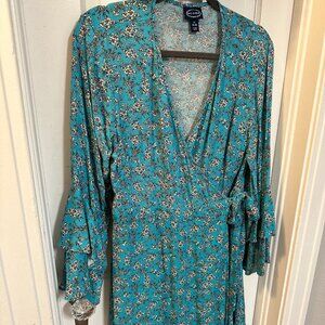 Scoop Lt Blue Small Floral Print Wrap Dress with Ruffle Sleeves and Bottom-XL
